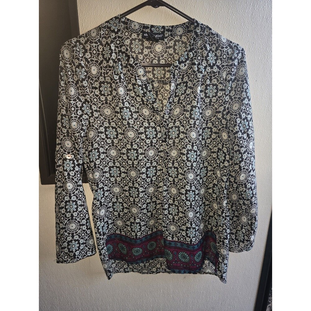 About A Girl Blouse Large Boho Floral Sheer Roll Tab Sleeve Size S SMALL - Picture 2 of 5